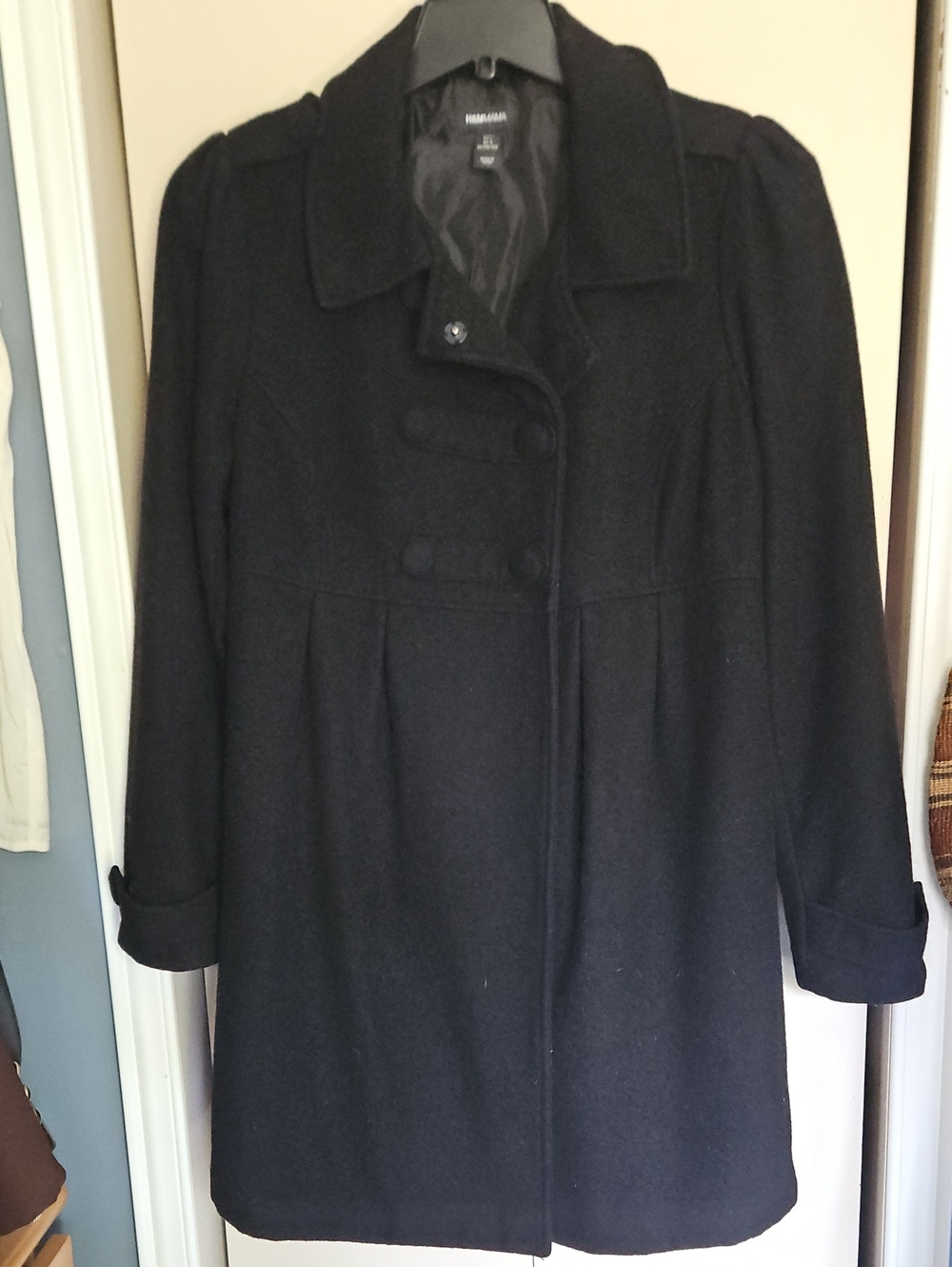 H&M Women's Black Pea Coat with Double-Breasted Front Ptp21 L32